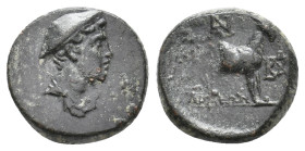 AEOLIS. Aigai. (2nd-1st century BC). Ae
Obv: Draped bust of Hermes right, wearing petasos.
Rev: AIΓAEΩN.
Forepart of goat right; monogram to left a...