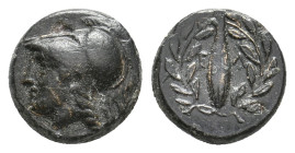 AIOLIS. Elaia. (circa 340-300 BC). AE
Obv: Head of Athena left, wearing Corintihan helmet.
Rev: E Λ
Grain ear within laurel wreath.
SNG Cop., 169-...