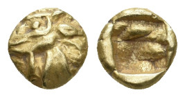 IONIA. Uncertain. (Circa 625-600 BC). EL 1/24 Stater Milesian standard.
Obv: Head of animal left.
Rev: Incuse square punch with raised lines within....