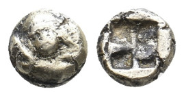 IONIA. Phokaia. (Circa 625/0-522 BC). Fourrèe EL 1/24 stater
Obv: Head of seal (or a calf?) to right.
Rev: Quadripartite incuse square.
SNG von Aul...