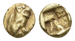 IONIA. Uncertain (Circa 550-500 BC). EL 1/24 Stater.
Obv: Lion seated right.
Rev: Incuse square.
Unpublished standart referance; Naumann A-82,lot 1...