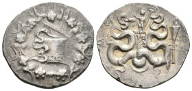 IONIA. Ephesos. (133-67 BC). AR Tetradrachm. Cistophoric standard. Dated CY 51 (84/3 BC).
Obv: Cista mystica with serpent; all within ivy wreath.
Re...