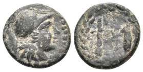 IONIA. Herakleia. (Circa 2nd century BC). Ae
Obv: Helmeted head of Athena right.
Rev: [ΗΡΑΚΛΕΩΤΩΝ].
Club and quiver within wreath.
Lindgren I 497;...