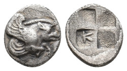 IONIA. Klazomenai (5th Century BC). AR Obol.
Obv: Forepart of winged boar right.
Rev: Quadripartite square incuse; K in one quarter.
Ref: SNG Cop. ...