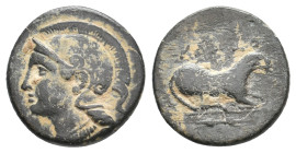 IONIA. Klazomenai. (Circa 4th Century BC). Ae
Obv: Head of Athena left, wearing Corinthian helmet.
Rev: KΛ[AZ]O.
Ram reclining right; thunderbolt b...