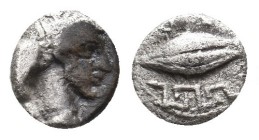 IONIA. Magnesia ad Maeandrum. Circa 465-459 BC. Themistokles. AR Hemiobol.
Obv: Male head (Themistokles?) right, wearing diadem; [M-A] across field; ...