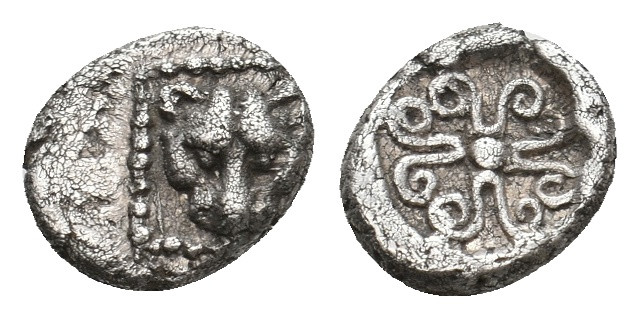 IONIA.Miletos (BC 530-500) AR 1/32 Stater or Hemiobol.
Obv:Facing lion's head i...