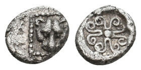 IONIA.Miletos (BC 530-500) AR 1/32 Stater or Hemiobol.
Obv:Facing lion's head in dotted square
Rev: Incuse with floral pattern in center.
Aufhäuser...
