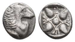 IONIA. Miletos. (Late 6th-early 5th century BC) AR Obol or Hemihekte.
Obv: Forepart of lion left, head right.
Rev: Stellate floral design within squ...