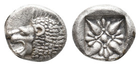 IONIA. Miletos. (Late 6th-early 5th centuries BC). Obol or Hemihekte.
Obv: Forepart of lion right, head left.
Rev: Stellate floral design; all withi...