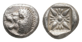 IONIA. Miletos. (Late 6th-early 5th centuries BC). Obol or Hemihekte.
Obv: Forepart of lion right, head left.
Rev: Stellate floral design; all withi...