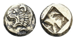 IONIA. Phokaia. (Circa 625/0-522 BC) EL Myshemihekte – 1/24 Stater.
Obv: Head of roaring lion to left; to right, small seal upward.
Rev: Incuse squa...