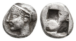 IONIA. Phokaia. (Circa 521-478 BC). AR Diobol.
Obv: Archaic female head left, wearing earring and helmet or close fitting cap.
Rev: Incuse square.
...