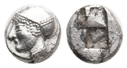 IONIA. Phokaia. (Circa 521-478 BC). AR Diobol.
Obv: Archaic female head left, wearing earring and helmet or close fitting cap.
Rev: Incuse square.
...