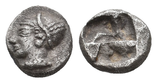 IONIA. Phokaia. (Circa 521-478 BC). AR Diobol.
Obv: Archaic female head left, w...