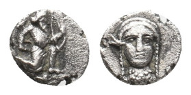 PERSIA. Achaemenid Empire. Uncertain mint in Cilicia (Circa 400-350 BC). AR Tetartemorion.
Obv:Persian king kneeling-running right, holding dagger an...