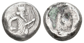 PERSIA. Achaemenid Empire. Sardes. Time of Xerxes II to Artaxerxes II (Circa 420-375 BC). AR Siglos.
Obv: Persian king in kneeling-running stance rig...