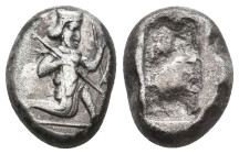 PERSIA. Achaemenid Empire. Time of Darios I to Xerxes II (485-420 BC). AR Siglos. Sardes.
Obv: Persian king in kneeling-running stance right, holding...