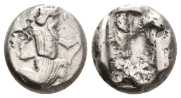 PERSIA. Achaemenid Empire. Sardes. Time of Artaxerxes II to Darius III (Circa 375-330 BC). AR Siglos.
Obv: Persian king in kneeling-running stance ri...