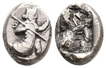 PERSIA. Achaemenid Empire. Sardes. Time of Darios I to Xerxes II (485-420 BC). AR Siglos.
Obv: Persian king in kneeling-running stance right, holding...