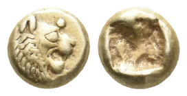 KINGS OF LYDIA. Sardes. Alyattes (Circa 610-560 BC). EL 1/12 Stater-Hemihekte.
Obv: Head of roaring lion right, with star on forehead.
Rev: Square i...