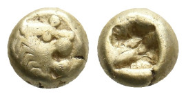 KINGS OF LYDIA. Sardes. Alyattes (Circa 610-560 BC). EL 1/12 Stater-Hemihekte.
Obv: Head of roaring lion right, with star on forehead.
Rev: Square i...