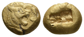 KINGS OF LYDIA. Sardes. Time of Alyattes to Kroisos (Circa 620/10-550/39 BC). EL Trite-1/3 Stater.
Obv: Head of roaring lion right, with star on fore...