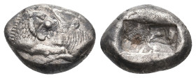 KINGS OF LYDIA. Sardes. Kroisos (Circa 564/53-550/39 BC). AR 1/3 Stater.
Obv: Confronted foreparts of lion and bull.
Rev: Two incuse square punches....