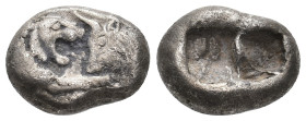 KINGS OF LYDIA. Sardes. Kroisos (Circa 564/53-550/39 BC). AR Half Stater.
Obv: Confronted foreparts of lion and bull.
Rev: Two incuse square punches...