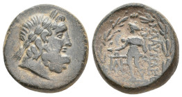LYDIA. Blaundos. (2nd-1st centuries BC). Ae
Obv: Laureate head of Zeus right.
Rev: MΛAYNΔE[ωN].
Hermes standing left, holding purse and kerykeion; ...