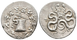 LYDIA. Tralles. (Circa 166-67 BC). AR Tetradrachm Cistophoric standart.
Obv: Cista mystica with serpent; all within ivy wreath.
Rev: TPAΛ
Bow case ...