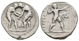 PAMPHYLIA. Aspendos. (Circa 380-330 BC). AR Stater
Obv: Two wrestlers grappling, ΔΑ between
Rev: EΣTFEΔIIY[Σ], slinger in throwing stance right, tri...