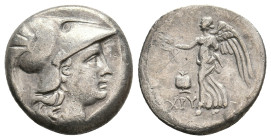 PAMPHYLIA. Side. (Circa 205-100 BC). AR Drachm. Chry-, magistrate.
Obv: Helmeted head of Athena right.
Rev: Nike flying left, holding wreath; to lef...