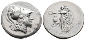 PAMPHYLIA. Side. (Circa 205-100 BC). AR Tetradrachm. Dein -, magistrate.
Obv: Helmeted head of Athena right.
Rev: ΔΕΙN.
Nike advancing left, holdin...