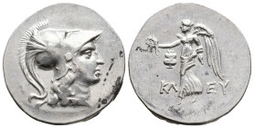 PAMPHYLIA. Side. (Circa 205-100 BC). AR Tetradrachm. Kleuch -, magistrate.
Obv: Helmeted head of Athena right.
Rev: KΛ -EY.
Nike advancing left, ho...