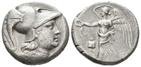 PAMPHYLIA. Side. (Circa 205-100 BC). AR Tetradrachm. Ak -, magistrate.
Obv: Helmeted head of Athena right.
Rev: A-K.
Nike advancing left, holding w...
