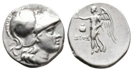 PAMPHYLIA. Side. Drachm (Circa 205-100 BC). Diod-, magistrate.
Obv: Helmeted head of Athena right.
Rev: ΔIOΔ.
Athena advancing left, holding wreath...