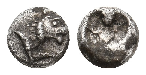 CARIA. Uncertain. (5th century BC). AR Hemiobol
Obv: Forepart of lion rigth.
R...