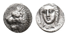 SATRAPS OF CARIA. Mylasa.Hekatomnos (Circa 392/1-377/6 BC). AR Tetartemorion.
Obv: Forepart of a roaring lion left.
Rev: Laureate head of Apollo fac...