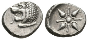 SATRAPS of CARIA. Hekatomnos. (circa395-377 BC). AR Drachm.
Obv: [EKA]; Forepart of roaring lion right, head turned back.
Rev: Starlike floral desig...