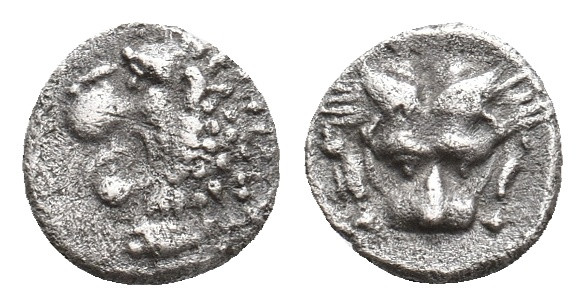 SATRAPS OF CARIA. Hekatomnos (392-376 BC). AR Hemiobol.
Obv: Forepart of lion r...