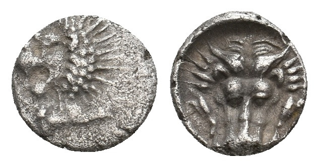 SATRAPS OF CARIA. Hekatomnos (392-376 BC). AR Hemiobol.
Obv: Forepart of lion r...