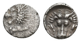 SATRAPS OF CARIA. Hekatomnos (392-376 BC). AR Hemiobol.
Obv: Forepart of lion right, head reverted.
Rev: Forepart of facing lion; all within incuse ...