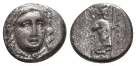 SATRAPS OF CARIA. Maussollos (377/6-353/2). AR Drachm.
Obv: Laureate head of Apollo facing slightly right.
Rev: MAYΣΣΩΛΛO.
Zeus Labraundos standing...
