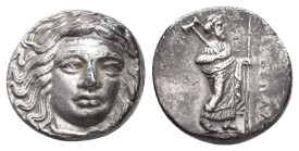 SATRAPS OF CARIA. Maussolos (Circa 377/6-353/2 BC). AR Drachm. Halikarnassos.
Obv: Laureate head of Apollo facing slightly right.
Rev: [MAY]ΣΣΩΛΛ[O]...