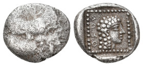 DYNASTS OF CARIA. Orou. Local Dynast (Circa 450-400 BC). AR Quarter Stater.
Obv: Forepart of winged, man-headed bull right.
Rev: OF OV.
Head of fem...