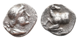CARIA. Bargylia. (1st century BC). AR Hemiobol.
Obv: Diademed bust of Artemis Kindyas to right; quiver and bow on shoulder
Rev: Forepart of stag to ...