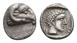 CARIA. Kasolaba. (Circa 410-390 BC). AR Hemiobol
Obv:Head of a ram to right.
Rev. Youthful male head to right; Carian letters flanking; to right, A ...