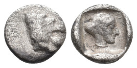 CARIA. Knidos. (Circa 411-404 BC). AR Obol
Obv: Forepart of lion right.
Rev: Head of Aphrodite right within incuse square.
SNG Keckman 157.
Condit...