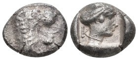 CARIA. Knidos. (Circa 411-405/4 BC). AR Drachm
Obv: Forepart of lion to right, with open jaws and outstretched right paw.
Rev: Κ Head of Aphrodite t...